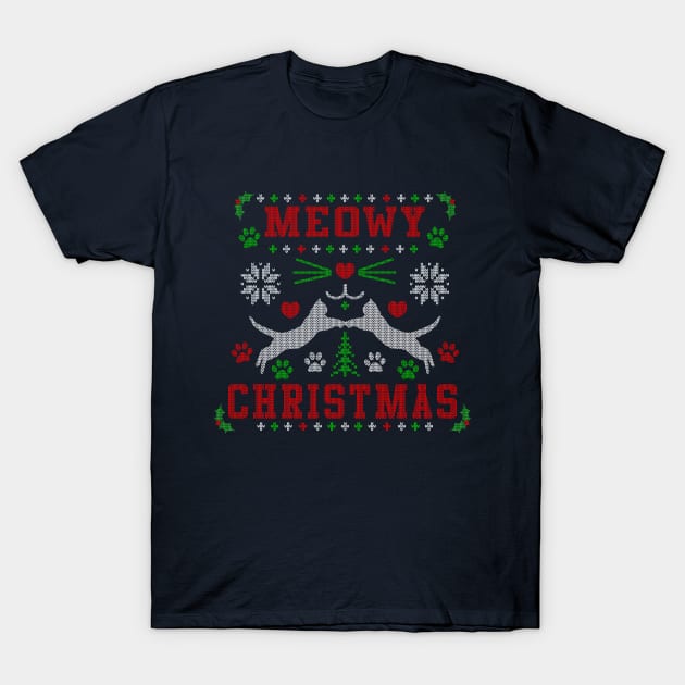 Meowy Christmas Cute Cat Lover Ugly Christmas Sweater Design T-Shirt by TeeCreations